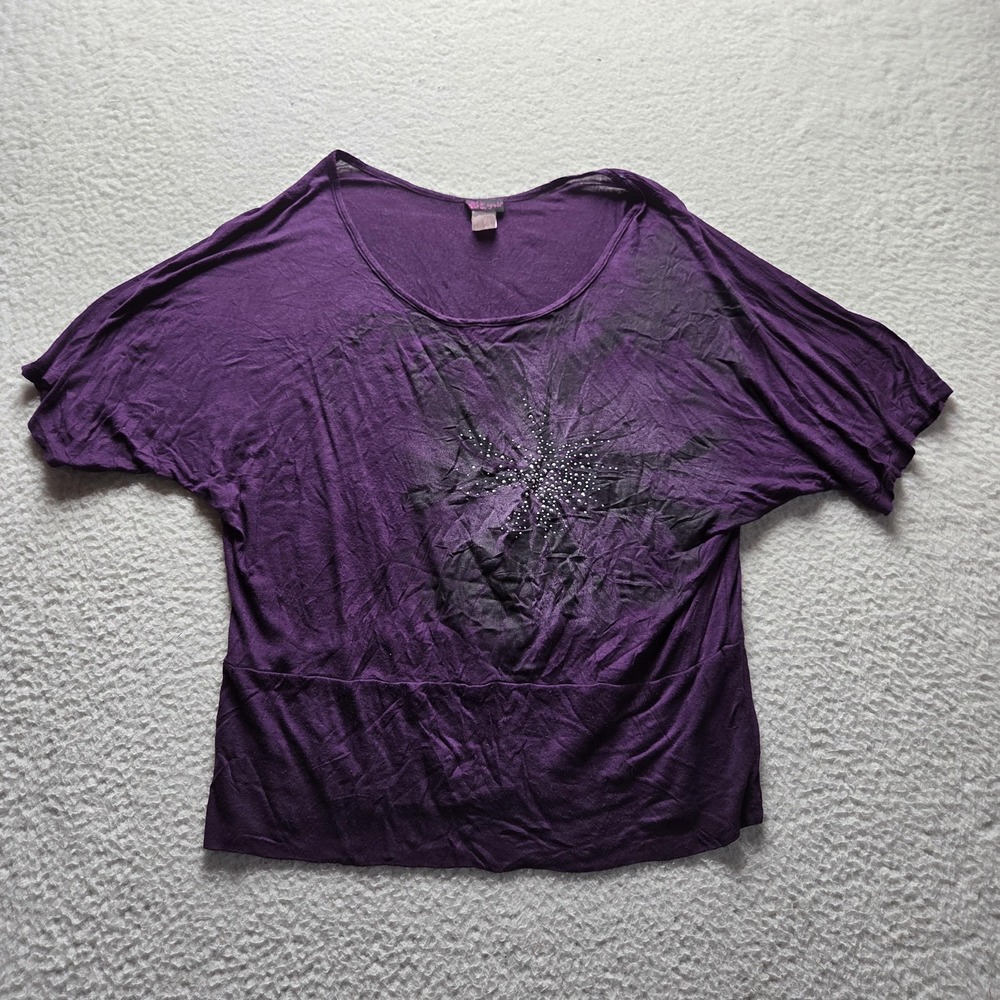 Shirt Womens Large Purple Scoop Neck Short Dolman Sleeve Rhinestone Tunic Top